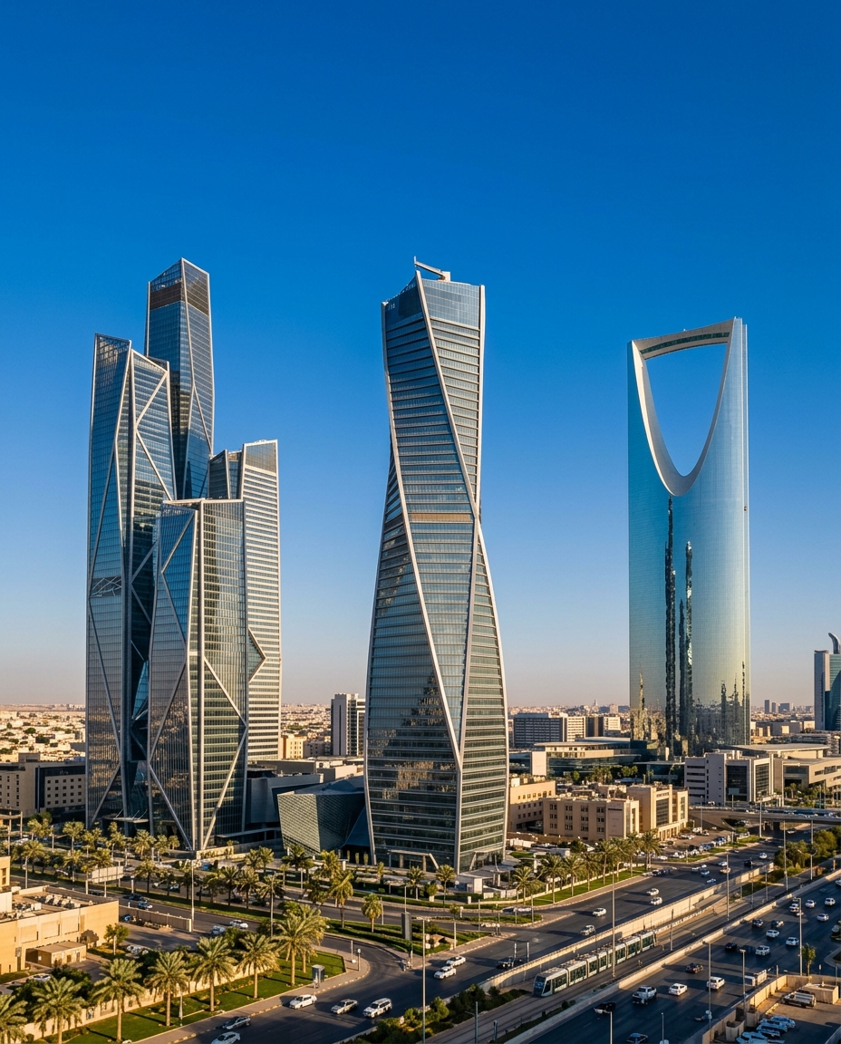 Riyadh skyline mid-morning featuring Kingdom Centre Tower, Al Majdoul Tower and Al Inma Bank twin towers under a clear blue sky